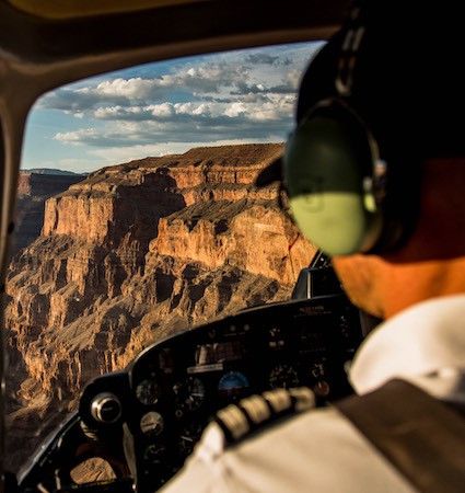 View from the helicopter cockpit descending into the Grand Canyon West Rim